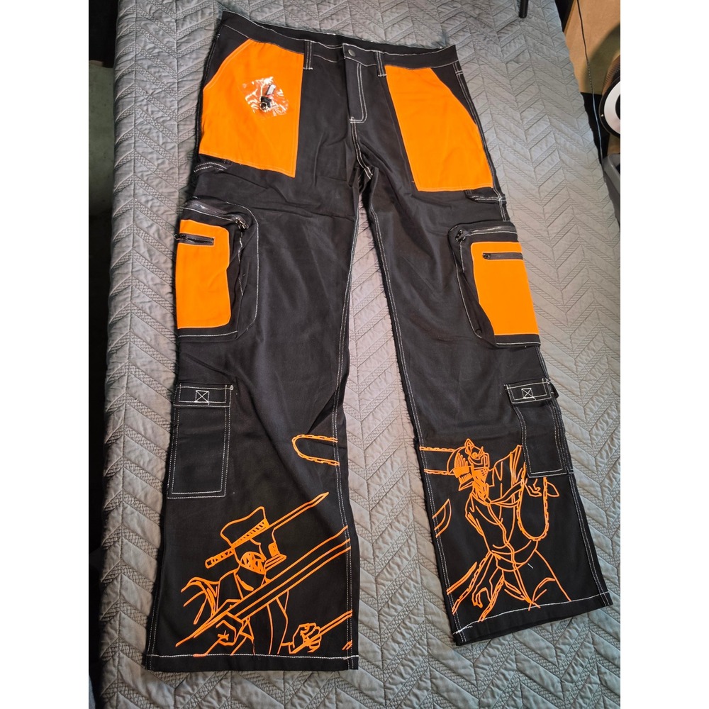 Sora Clothing Chainsaw Man Anime Cargo Pants Black Orange Mens 3XL Streetwear